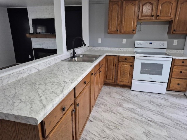 kitchen with brown cabinets, marble finish floor, light countertops, white electric range, and a sink