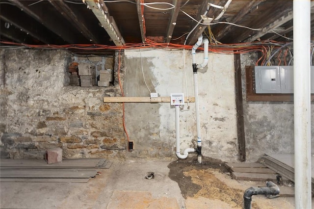 unfinished basement featuring electric panel