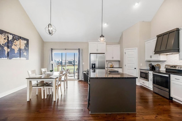 kitchen with dark wood-style floors, custom exhaust hood, a sink, appliances with stainless steel finishes, and backsplash