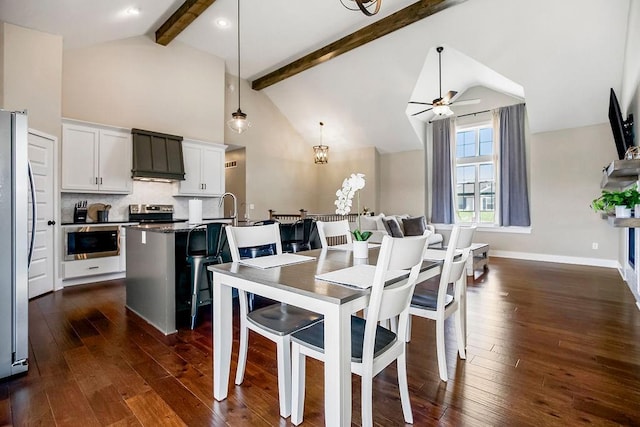 dining space with baseboards, ceiling fan, beam ceiling, high vaulted ceiling, and dark wood-style flooring