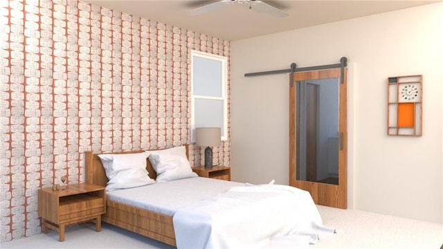 bedroom with a barn door and a ceiling fan