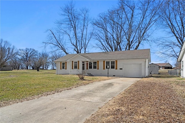 single story home featuring crawl space, driveway, an attached garage, and a front yard