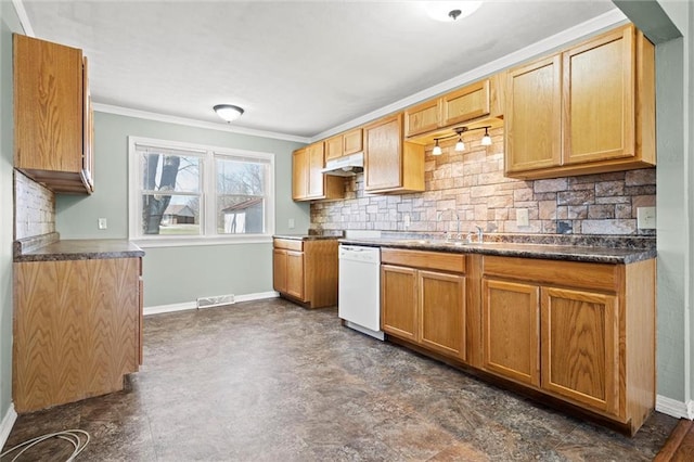 kitchen with visible vents, white dishwasher, under cabinet range hood, crown molding, and tasteful backsplash