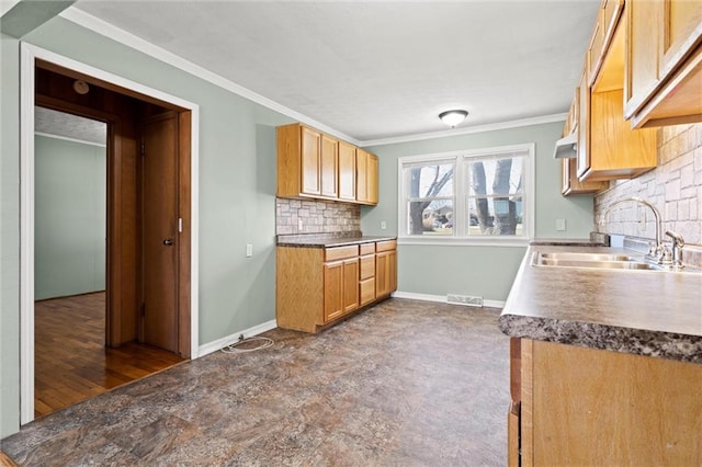 kitchen with baseboards, visible vents, ornamental molding, a sink, and backsplash