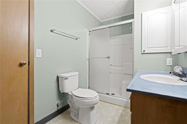 full bath with toilet, a stall shower, vanity, and ornamental molding