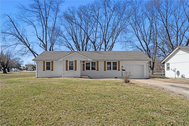 ranch-style home with crawl space, a garage, concrete driveway, and a front yard