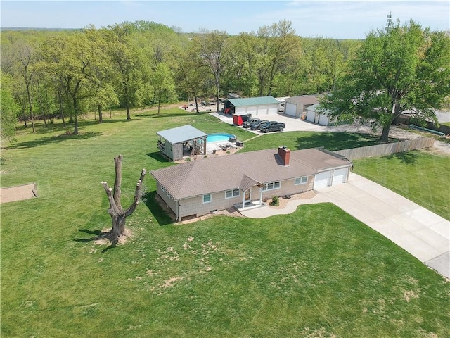 bird's eye view with a wooded view