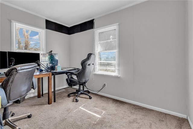 carpeted home office featuring crown molding and baseboards