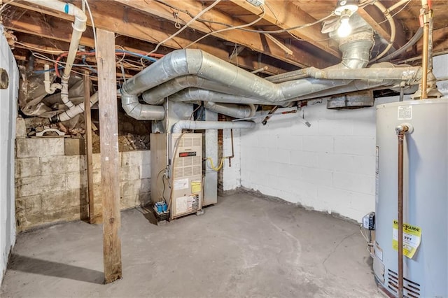 unfinished below grade area with heating unit and gas water heater