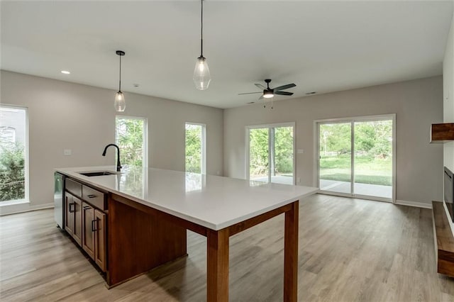 3322 Tracy Ave, Kansas City, MO 64109 - kitchen with a sink, light wood-style floors, open floor plan, ceiling fan, and plenty of natural light