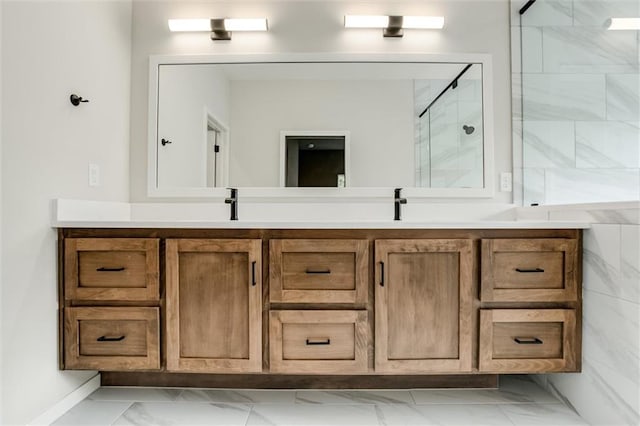 3322 Tracy Ave, Kansas City, MO 64109 - bathroom with marble look tiles, a stall shower, and double vanity