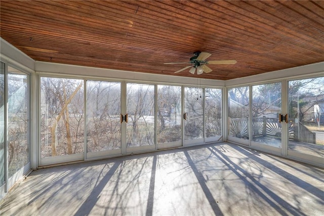 unfurnished sunroom with wood ceiling and ceiling fan