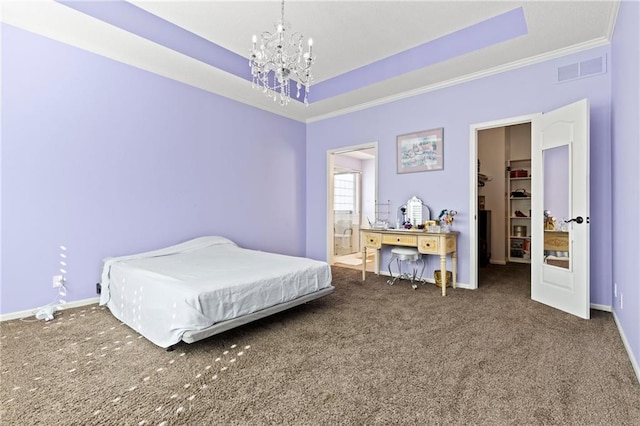 carpeted bedroom featuring a raised ceiling, visible vents, crown molding, and an inviting chandelier