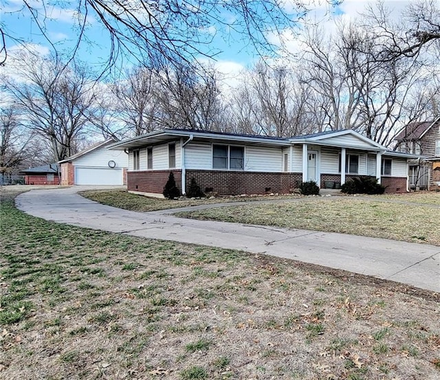 ranch-style house with a garage, covered porch, an outdoor structure, a front lawn, and brick siding