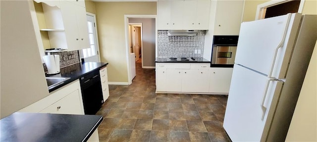 kitchen featuring black appliances, dark countertops, backsplash, and white cabinetry