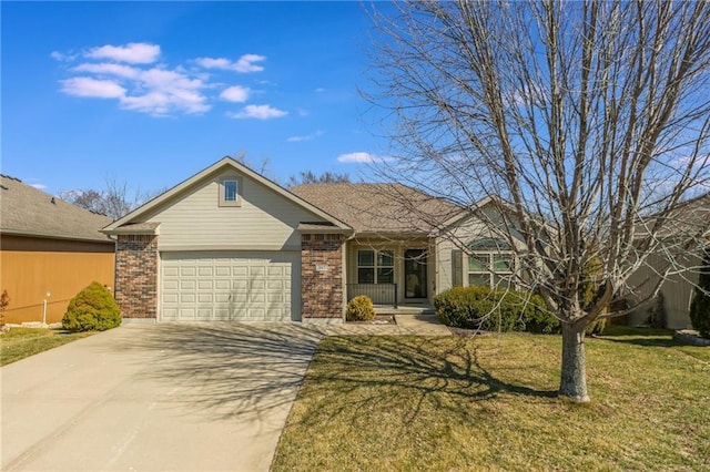 single story home with concrete driveway, a garage, brick siding, and a front lawn