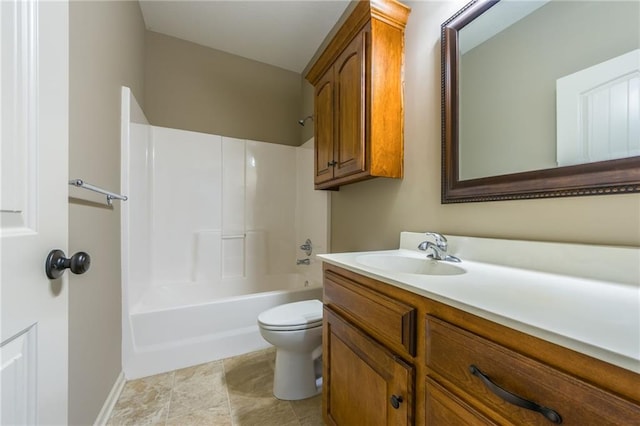 full bath featuring shower / bathing tub combination, toilet, and vanity