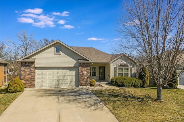 single story home featuring brick siding, driveway, an attached garage, and a front lawn