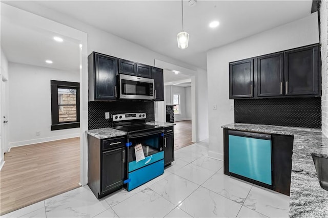 kitchen with tasteful backsplash, dishwasher, electric stove, stainless steel microwave, and marble finish floor