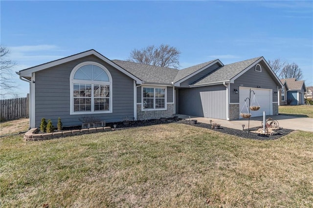 ranch-style house featuring a front lawn, driveway, stone siding, fence, and an attached garage