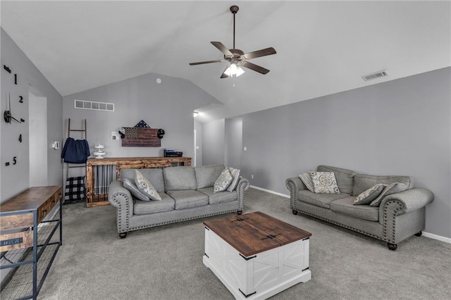 living area with a ceiling fan, lofted ceiling, light colored carpet, and visible vents