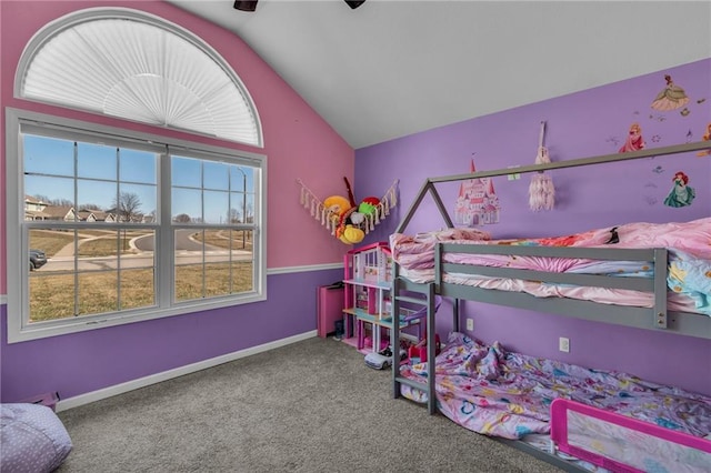 carpeted bedroom featuring baseboards, a ceiling fan, and lofted ceiling