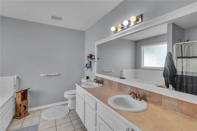 full bath with a sink, visible vents, toilet, and tile patterned flooring