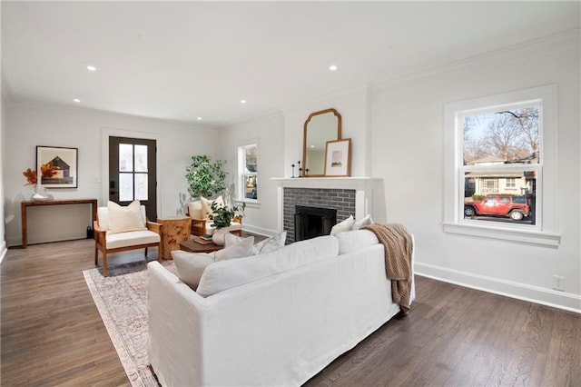 living room with dark wood-style floors, a fireplace, baseboards, and ornamental molding