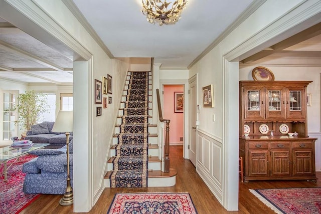 wine cellar featuring wood finished floors, a wainscoted wall, a chandelier, and ornamental molding