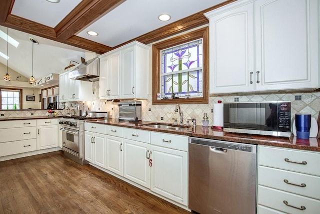 kitchen with lofted ceiling with beams, appliances with stainless steel finishes, dark wood-style floors, white cabinets, and a sink