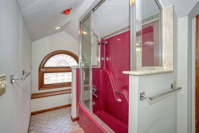 full bathroom with baseboards, lofted ceiling, bath / shower combo with glass door, a textured ceiling, and toilet