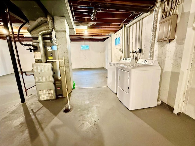 unfinished basement featuring washer and dryer and electric panel