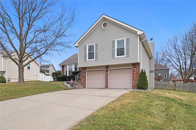 view of front facade featuring a garage, concrete driveway, fence, a front lawn, and brick siding