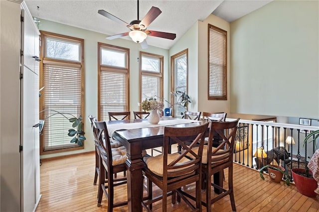 dining area with light wood finished floors, a ceiling fan, and a textured ceiling