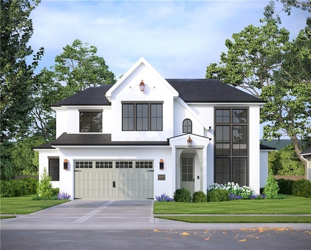 modern farmhouse with a garage, driveway, a front lawn, and stucco siding