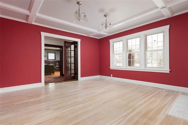 unfurnished room featuring beam ceiling, wood finished floors, a chandelier, coffered ceiling, and baseboards