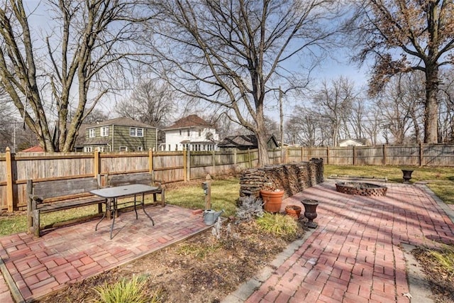 view of patio / terrace featuring an outdoor fire pit and a fenced backyard