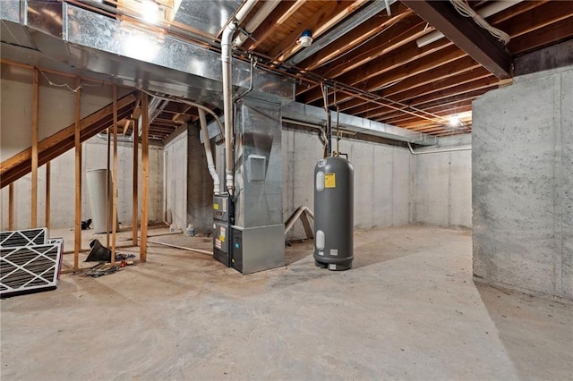 unfinished below grade area with heating unit and water heater