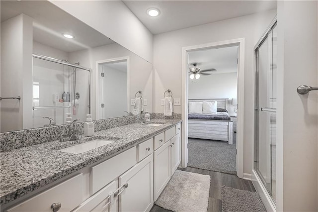 ensuite bathroom featuring a sink, connected bathroom, double vanity, and a shower stall