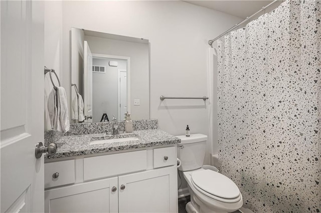 bathroom with visible vents, shower / bathtub combination with curtain, toilet, and vanity