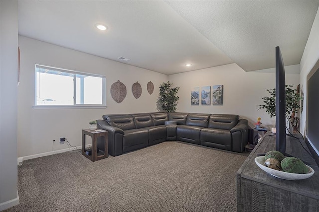 living room with visible vents, recessed lighting, baseboards, and carpet