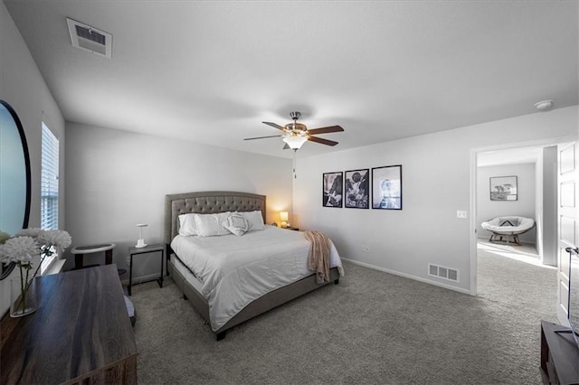 bedroom with ceiling fan, carpet, visible vents, and baseboards