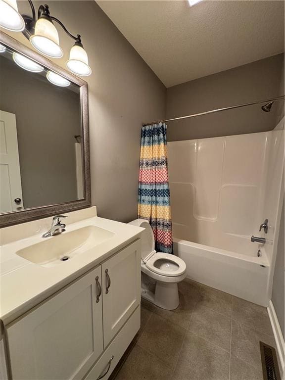 full bath with tile patterned flooring, toilet, vanity, visible vents, and shower / bath combo