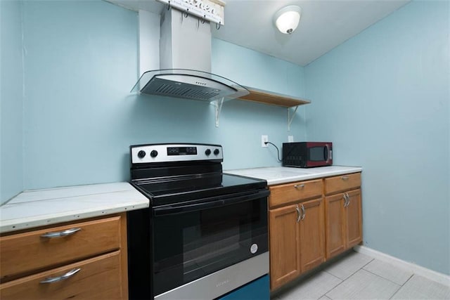 kitchen featuring island range hood, electric range, baseboards, brown cabinets, and open shelves