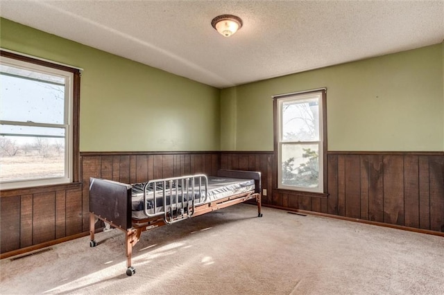 bedroom with a wainscoted wall, a textured ceiling, visible vents, and carpet flooring