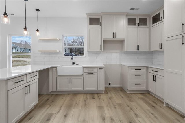 kitchen featuring decorative backsplash, pendant lighting, light wood finished floors, and a sink