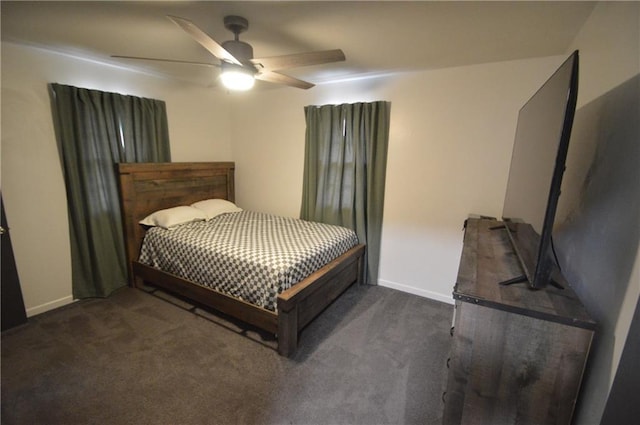 bedroom featuring carpet floors, a ceiling fan, and baseboards