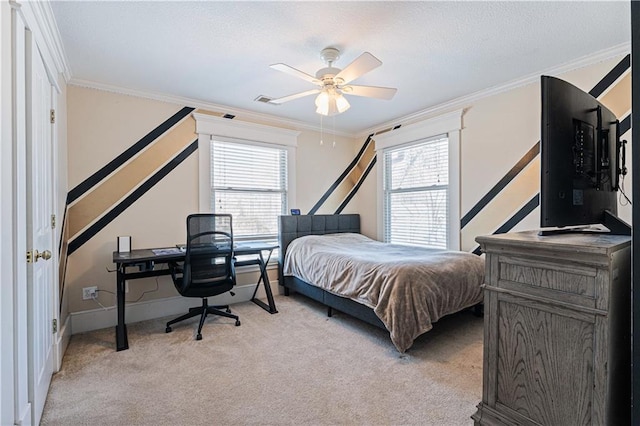 bedroom with multiple windows, light colored carpet, and ornamental molding