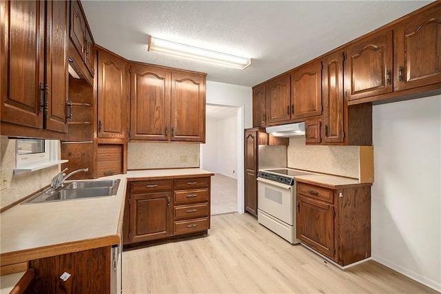 kitchen with white electric stove, light wood-style floors, under cabinet range hood, and a sink