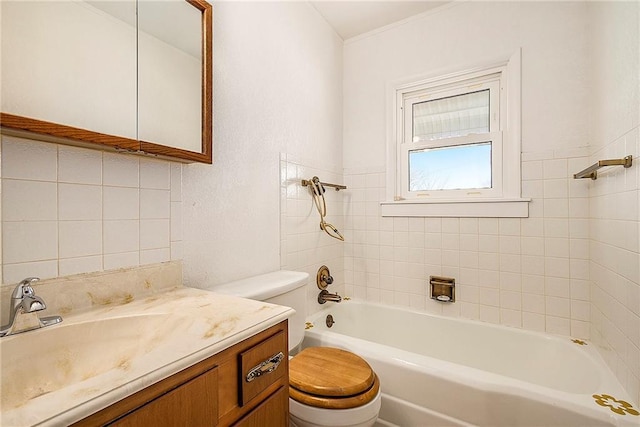 full bath with toilet, shower / washtub combination, and vanity